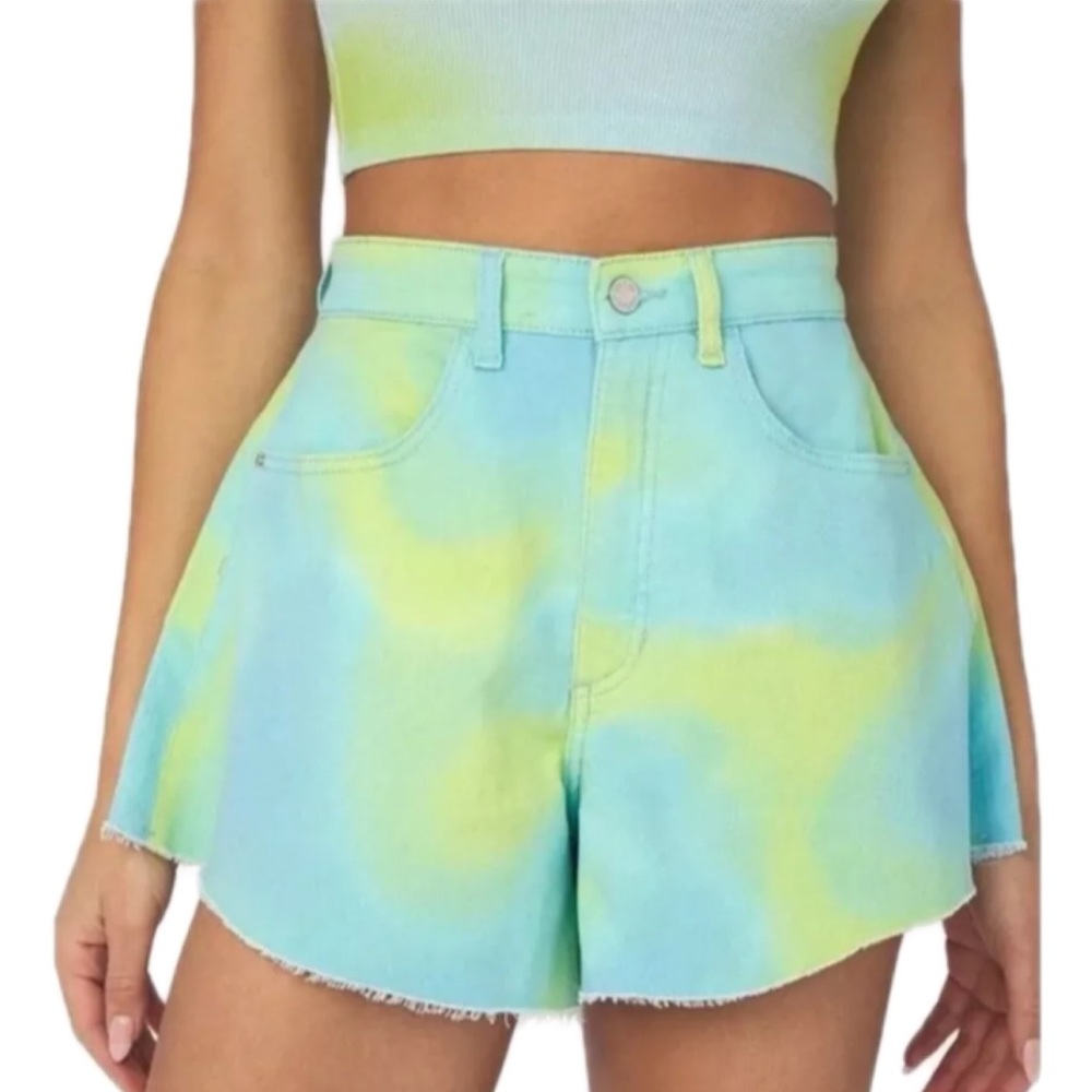 WeWoreWhat Flare Bell Shorts Stretch Twill Denim Tie Dye